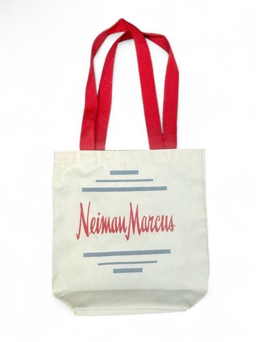 Neiman Marcus Vintage Cream Canvas Tote with Red Handles Red Logo& Gray Stripes